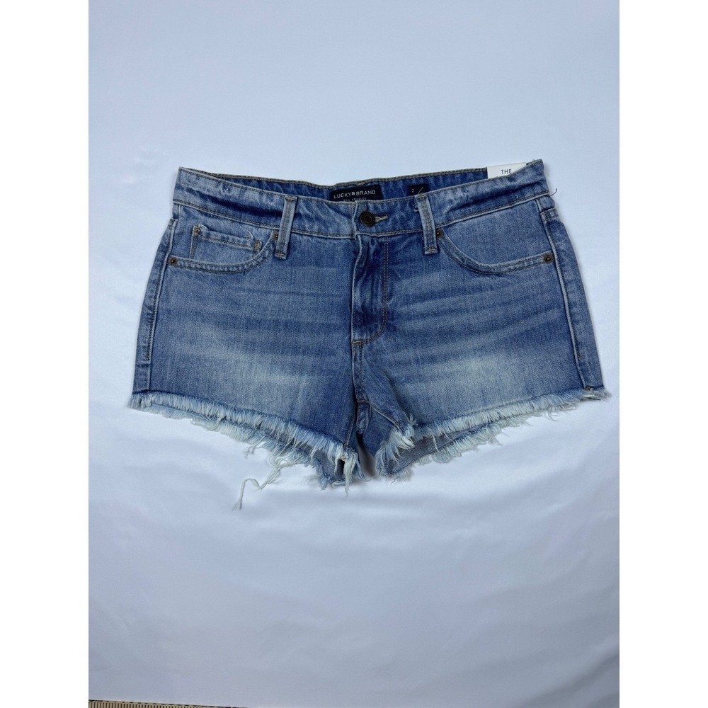 Lucky Brand The Cut Off Denim Shorts Blue Medium Wash Frayed Raw Hem 2/26 NEW